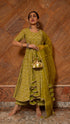 Pomcha Jaipur Bandhej Mehendi Green Cotton Anarkali Set